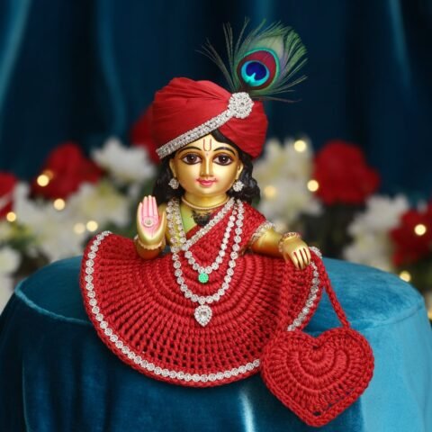 Laddu Gopal winter dress red woolen with heart bag and diamond work